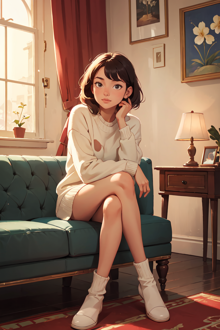 masterpiece, best quality,1girl,sitting on a cozy couch,crossing legs,soft light, <lora:GoodHands-beta2:1>